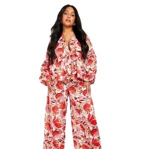 Boohoo Red Floral Wide Leg Jumpsuit
